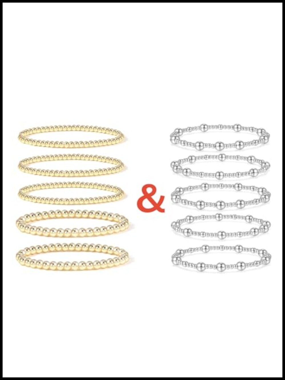 14K Gold Plated Bead Ball Bracelets Set of 5, Stretchable Elastic Boho Stackable